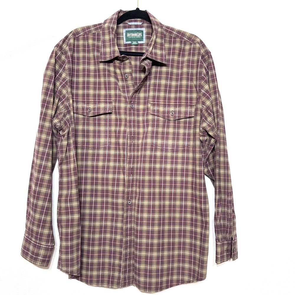 Outdoor Life Men's Shirt Maroon Plaid Long Sleeve Button Down Top - XL